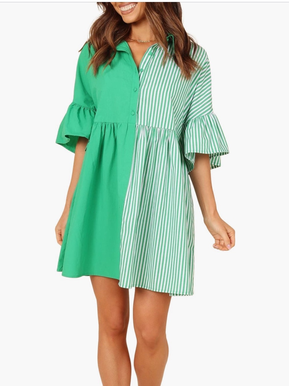 Petal + Pup Didi Frill Empire Waist Mini Shirtdress in Green Stripe Size L NWT